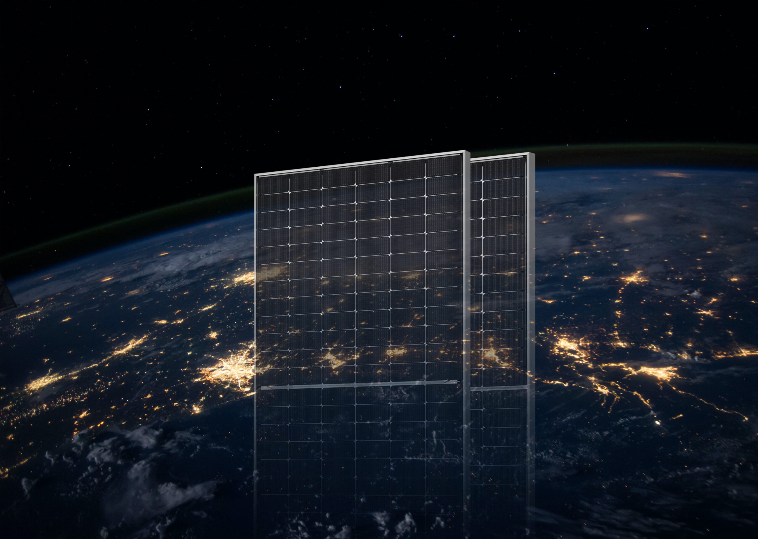 PV cells from Jinko Solar float in front of a picture of the Earth at night indicating how solar panels are a key tool in sustainability and renewable energy