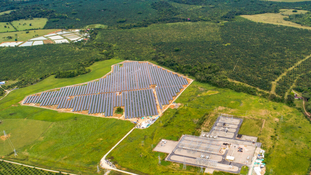 A solar farm and storage facility from above